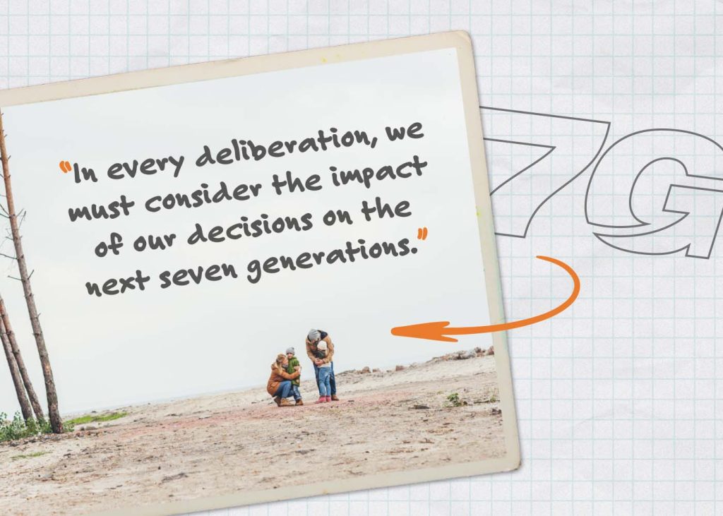 Quote graphic that reads “In every deliberation, we must consider the impact of our decisions on the next seven generations” with a small photo of two adults and a child standing together on a beach.