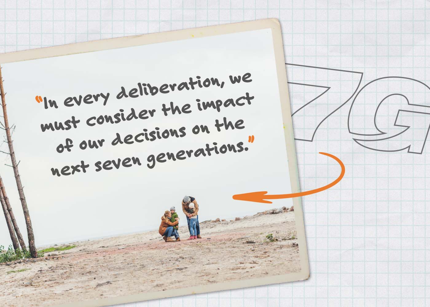 Quote graphic that reads “In every deliberation, we must consider the impact of our decisions on the next seven generations” with a small photo of two adults and a child standing together on a beach.